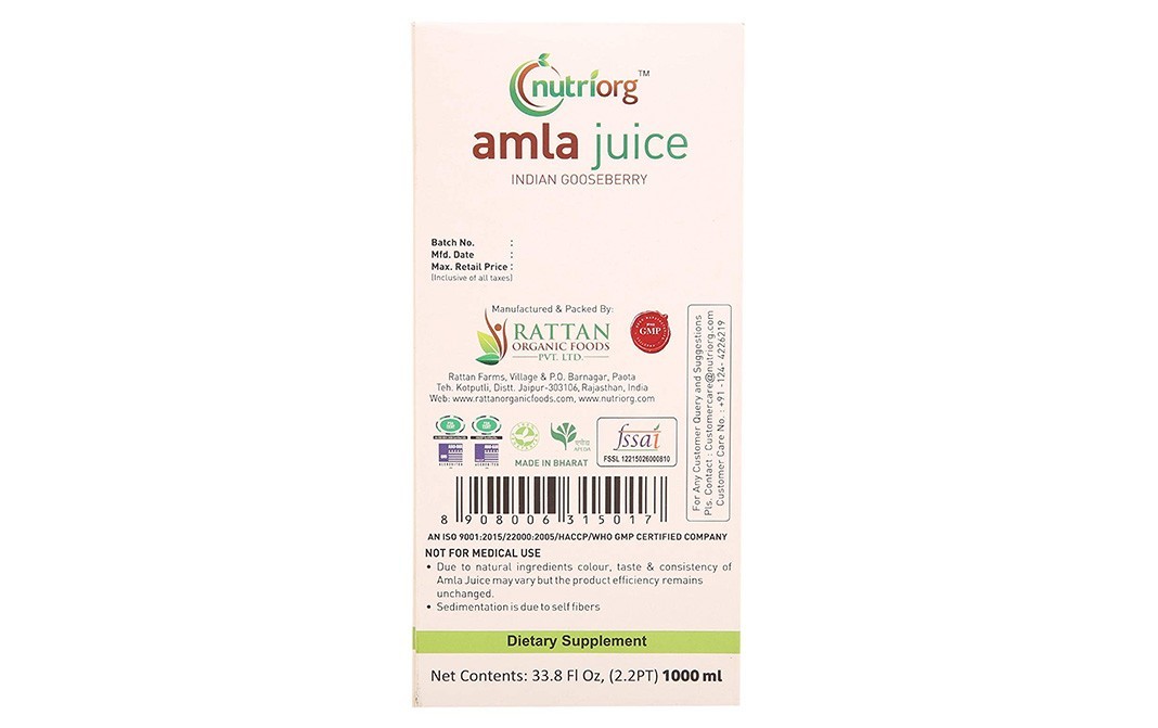 Nutriorg Amla Juice (Indian Gooseberry)   Bottle  1000 millilitre